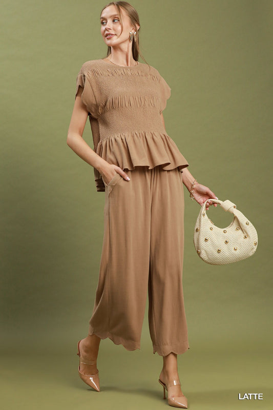 Linen Blend Scalloped Taupe Set - Simply Pink Boutique