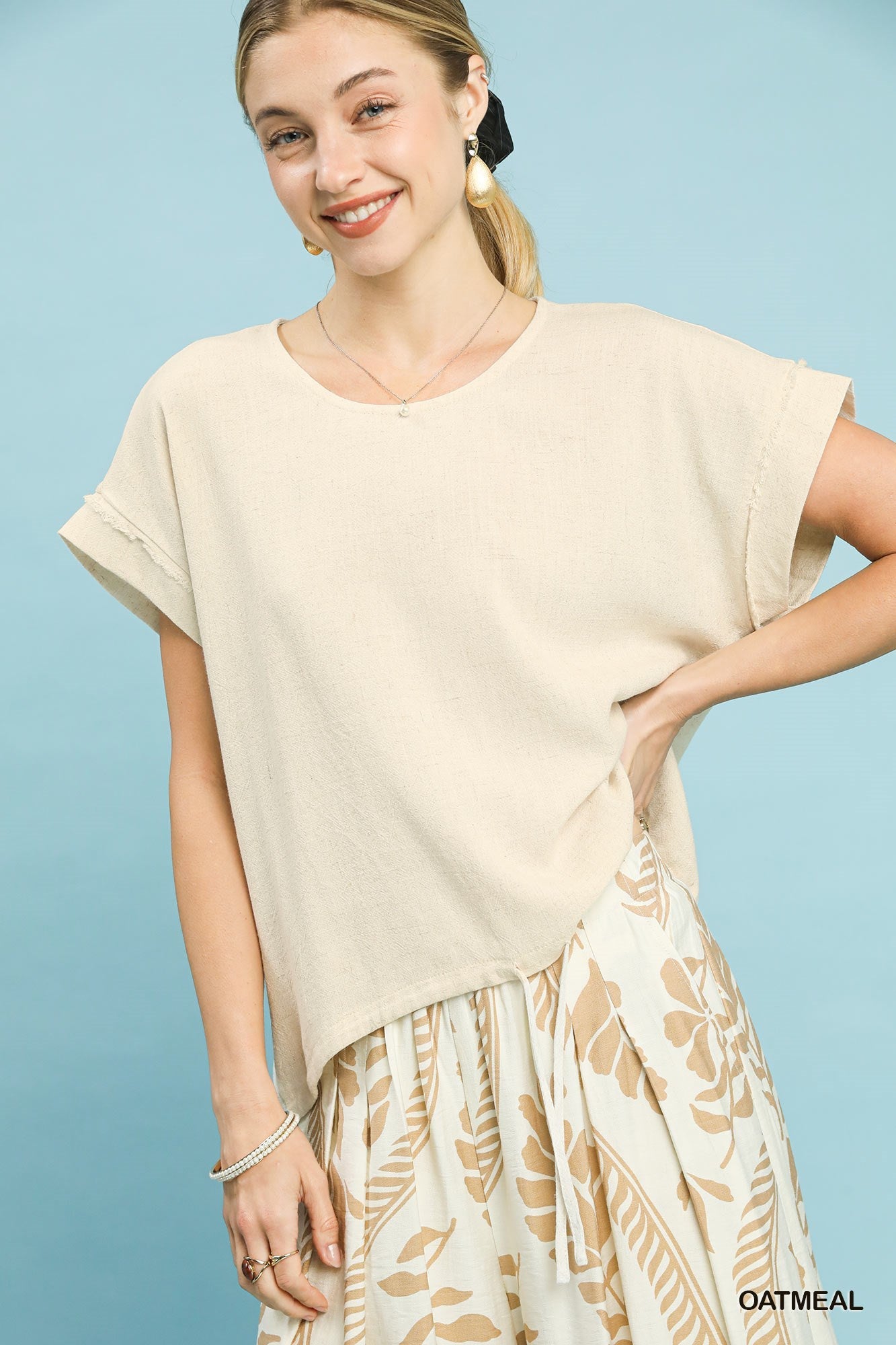 Linen Scrunch Tie Top - Oatmeal - Simply Pink Boutique