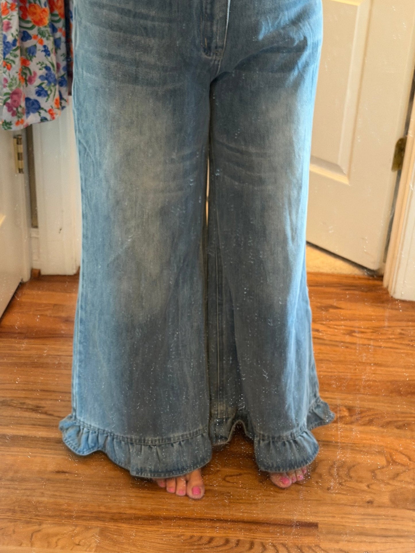 Mineral Washed Ruffle Hem Jeans - Simply Pink Boutique