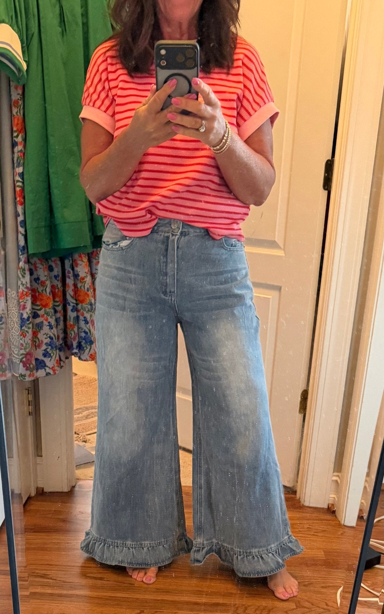 Mineral Washed Ruffle Hem Jeans - Simply Pink Boutique