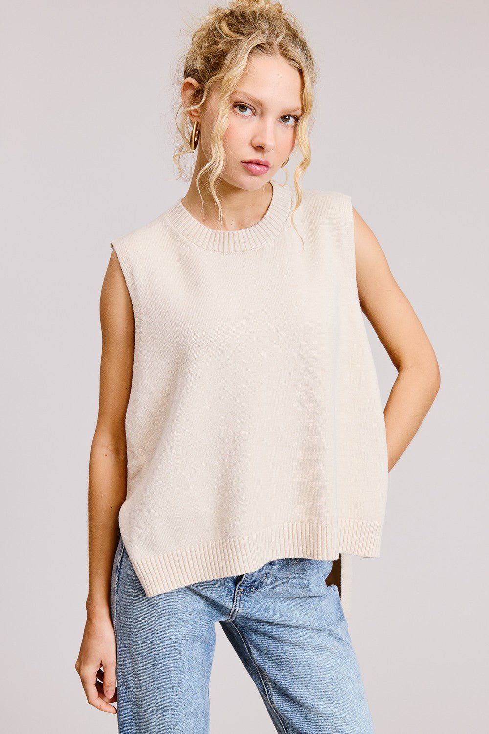 Oatmeal Sleeveless Mock Neck Hi Lo Sweater - Simply Pink Boutique