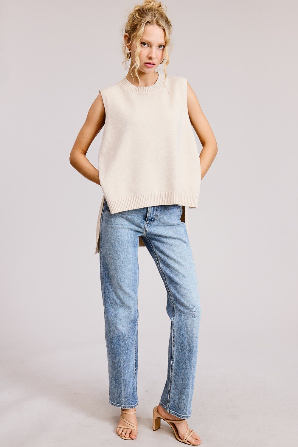 Oatmeal Sleeveless Mock Neck Hi Lo Sweater - Simply Pink Boutique