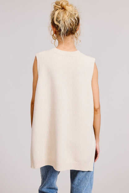 Oatmeal Sleeveless Mock Neck Hi Lo Sweater - Simply Pink Boutique