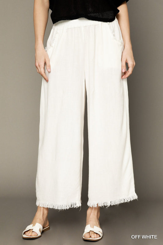 Off White Fringe Detail Wide Leg Pant - Simply Pink Boutique