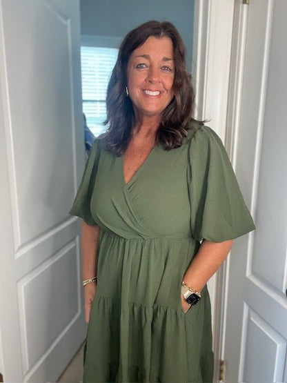 Olive Balloon Sleeve Woven Tiered Wrap Midi Dress - Simply Pink Boutique