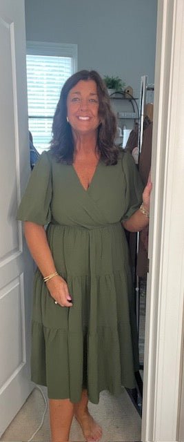 Olive Balloon Sleeve Woven Tiered Wrap Midi Dress - Simply Pink Boutique