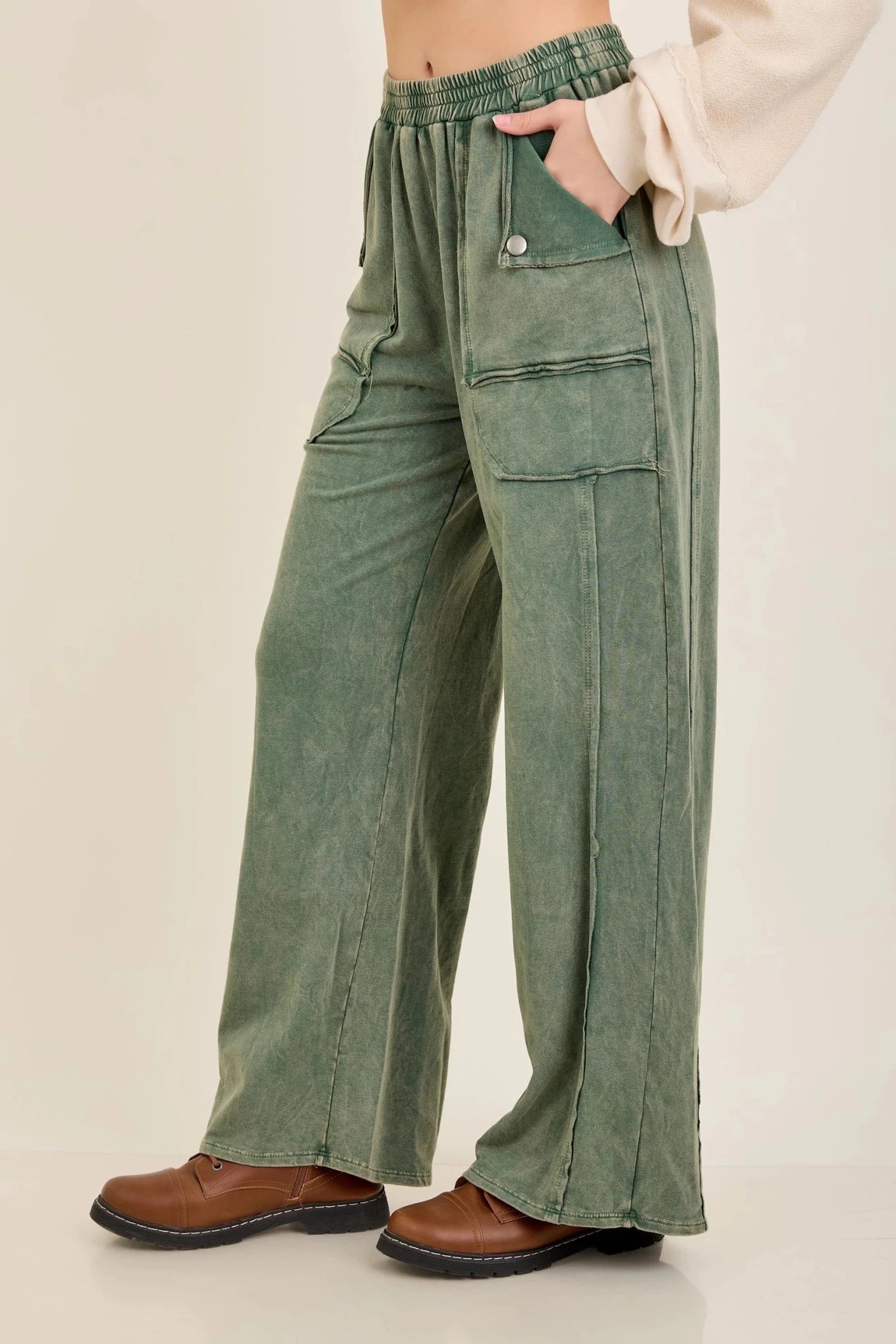 Olive Mineral Washed Pocket Pants - Simply Pink Boutique