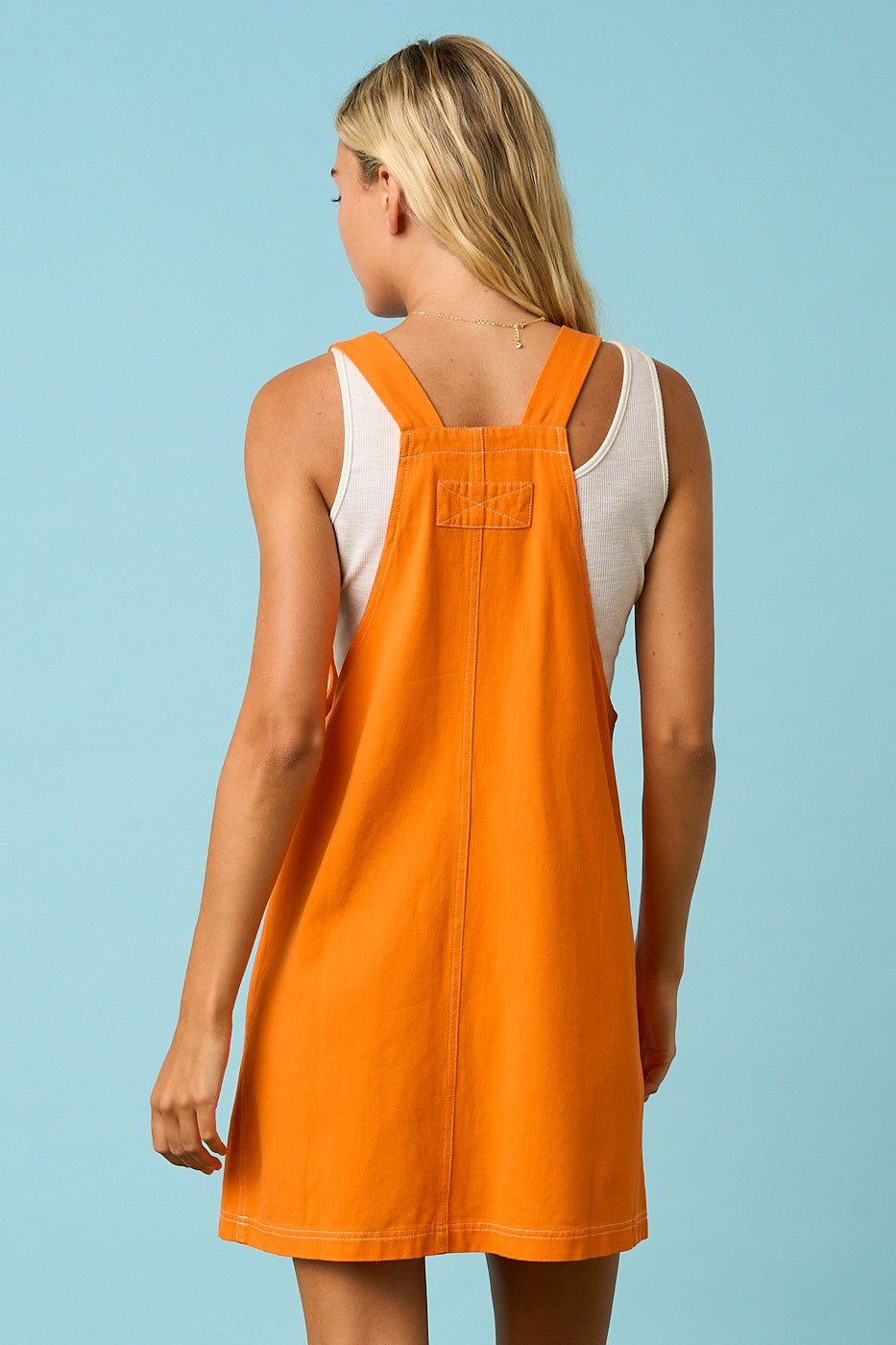 Orange Contrast Stitch Bib Overall Mini Dress - Simply Pink Boutique