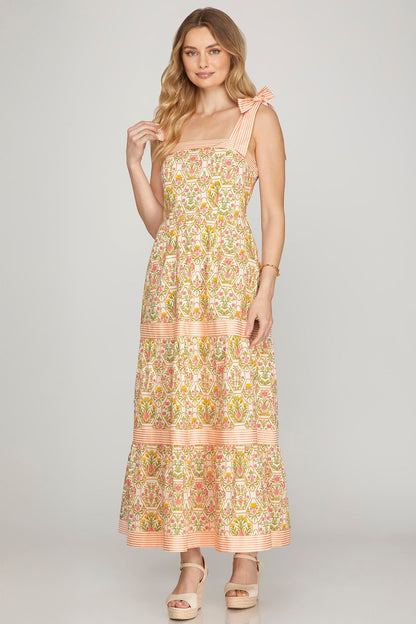 Peach/Pink Sleeveless Contrast Woven Print Tiered Maxi Dress - Simply Pink Boutique