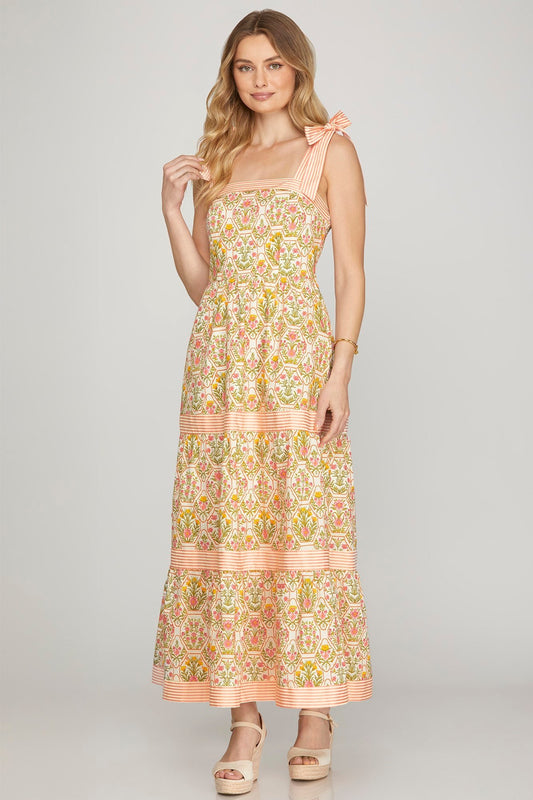 Peach/Pink Sleeveless Contrast Woven Print Tiered Maxi Dress - Simply Pink Boutique