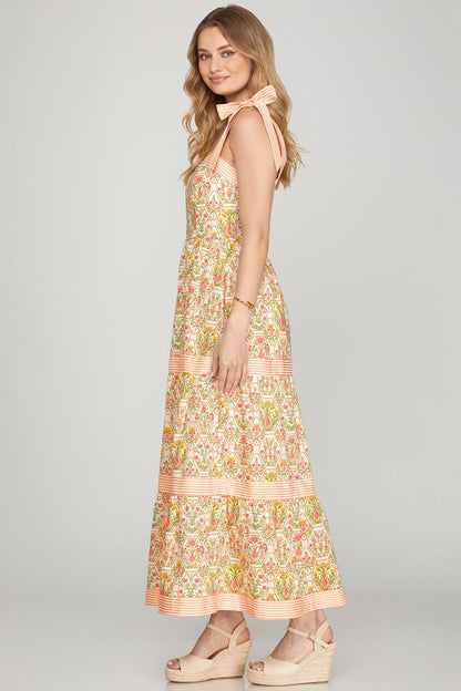 Peach/Pink Sleeveless Contrast Woven Print Tiered Maxi Dress - Simply Pink Boutique