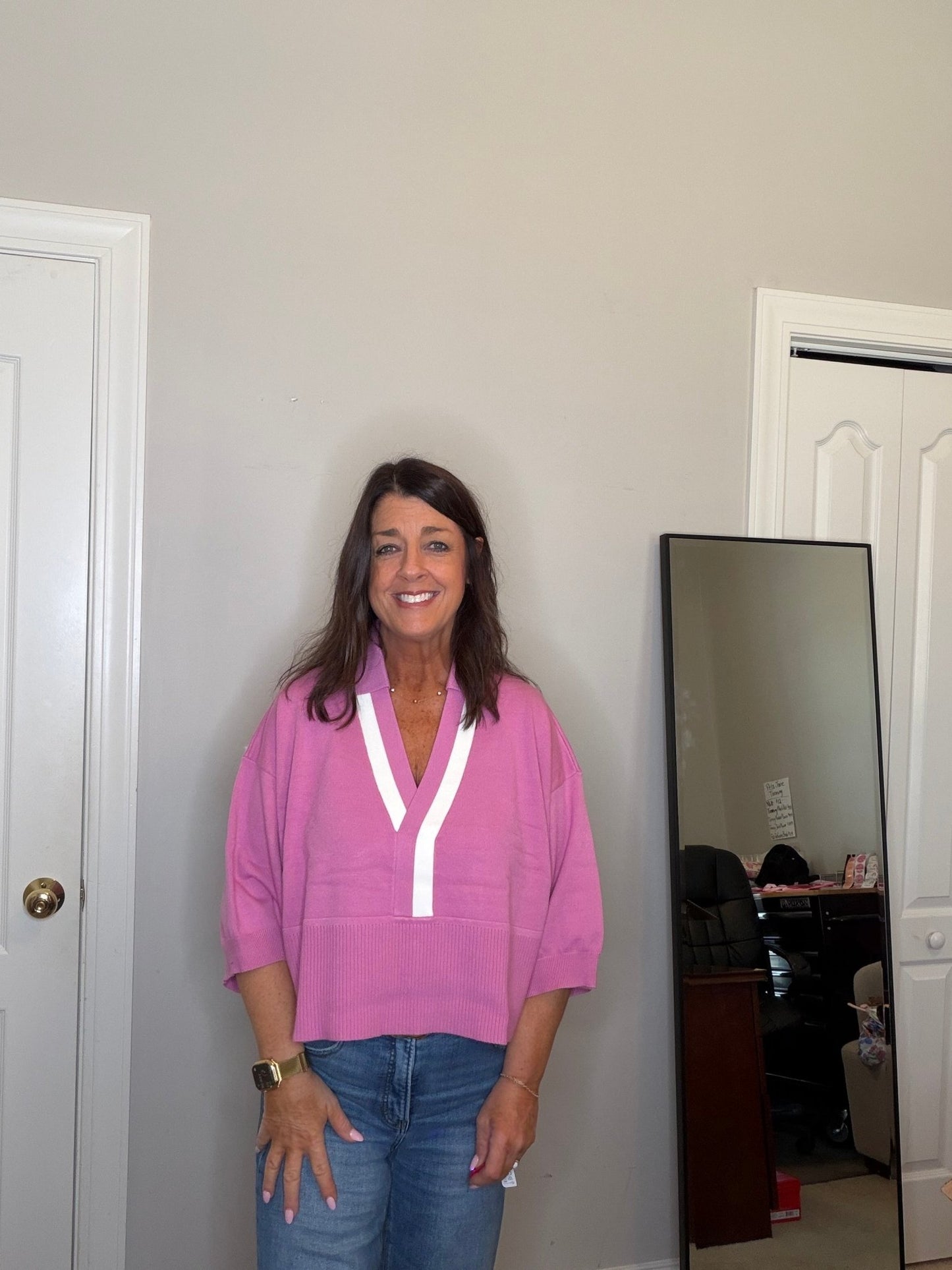Pink Collar with Contrast Trim Sweater - Simply Pink Boutique