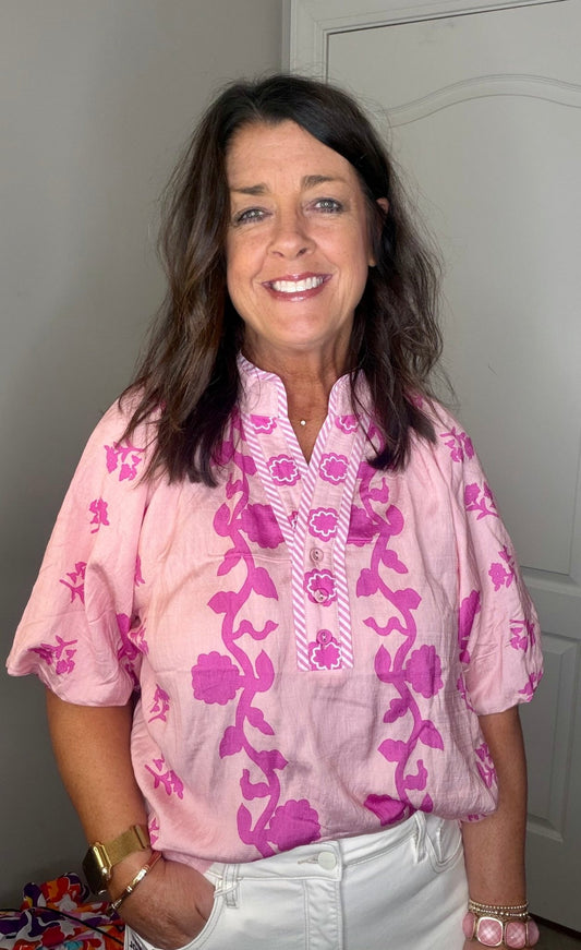 Pink Collared Puff Sleeve Embroidery Print Top - Simply Pink Boutique