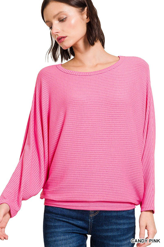 Pink Ribbed Batwing Long Sleeve Boat Neck Top - Simply Pink Boutique