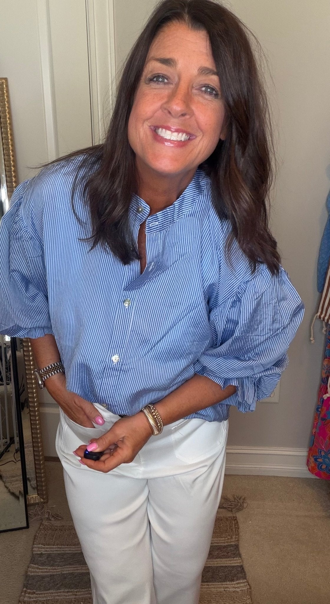 Pinstripe Bubble Sleeve Top - Blue - Simply Pink Boutique