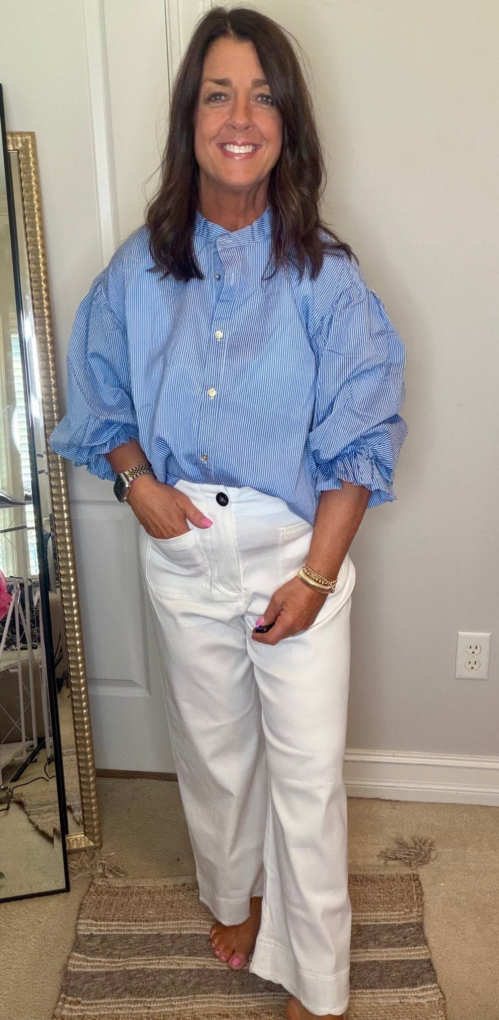 Pinstripe Bubble Sleeve Top - Blue - Simply Pink Boutique