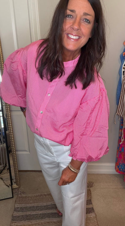 Pinstripe Bubble Sleeve Top - Pink - Simply Pink Boutique