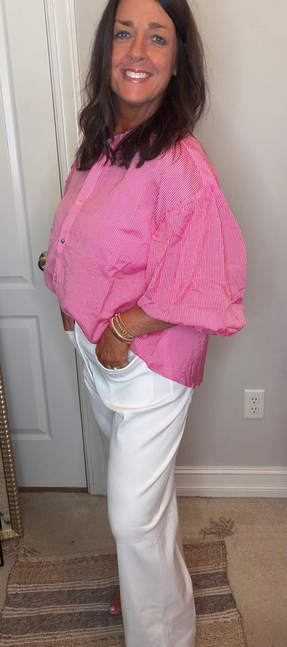 Pinstripe Bubble Sleeve Top - Pink - Simply Pink Boutique
