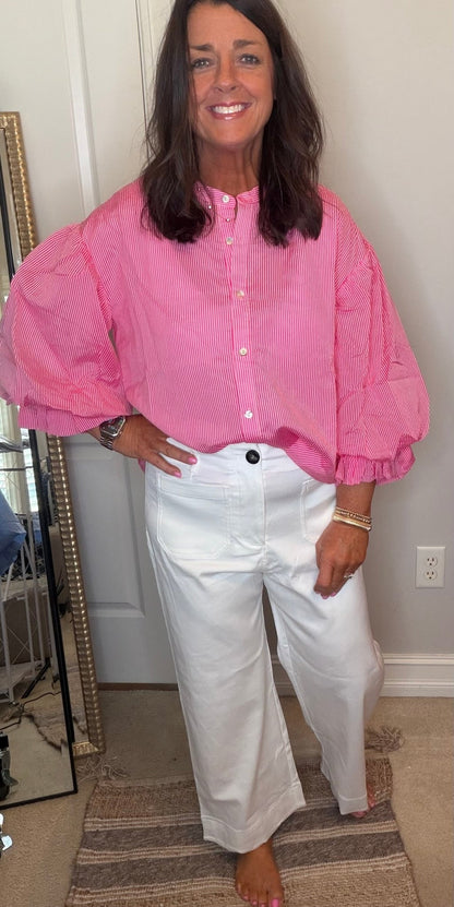 Pinstripe Bubble Sleeve Top - Pink - Simply Pink Boutique