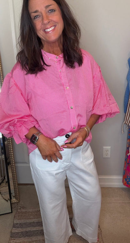 Pinstripe Bubble Sleeve Top - Pink - Simply Pink Boutique