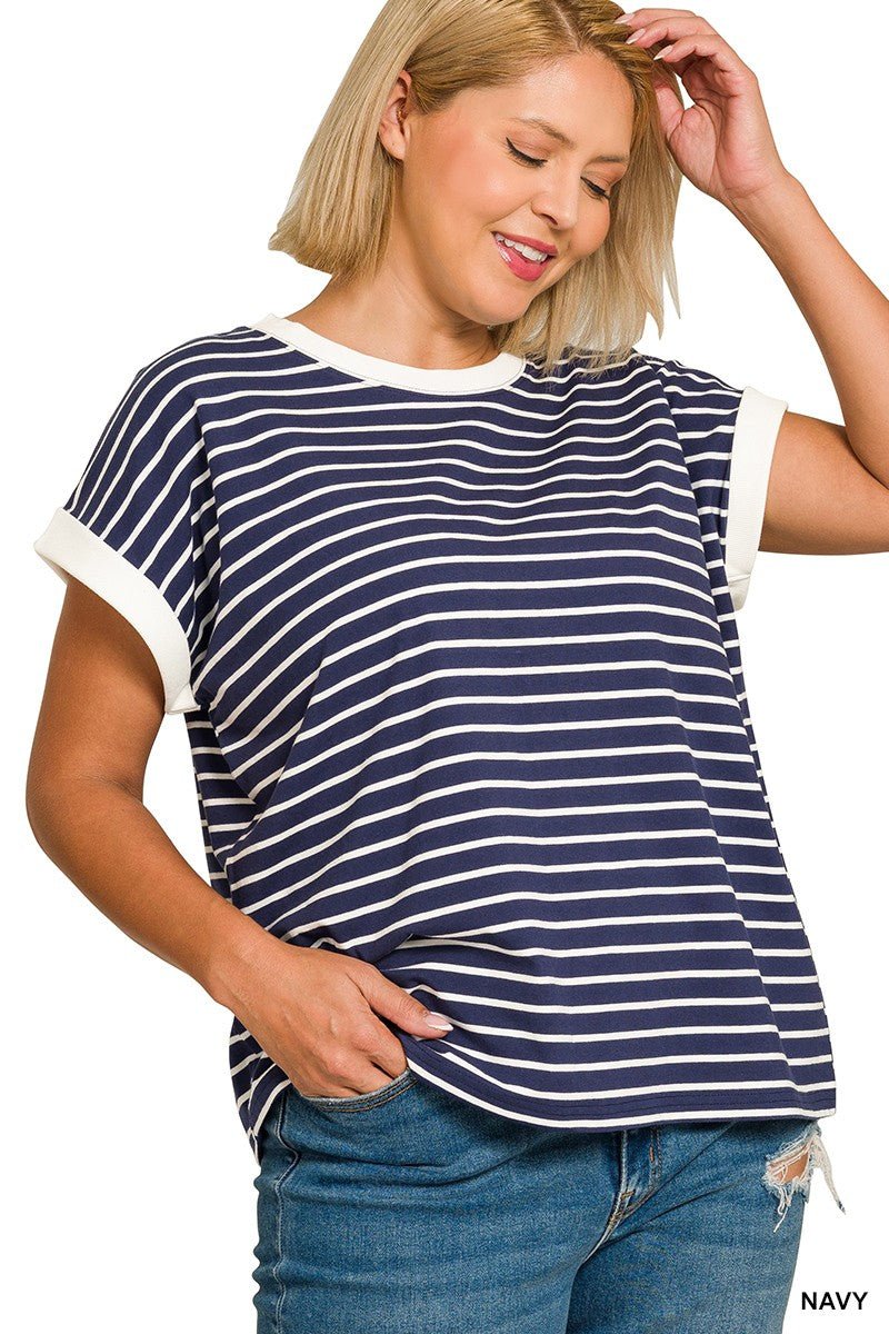 Plus Contrast Trim Cap Sleeve Stripe Blue Tee - Simply Pink Boutique