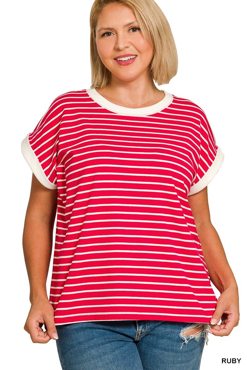 Plus Contrast Trim Cap Sleeve Stripe Red & White Tee - Simply Pink Boutique