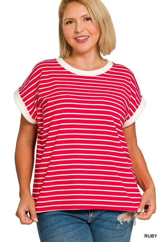 Plus Contrast Trim Cap Sleeve Stripe Red & White Tee - Simply Pink Boutique