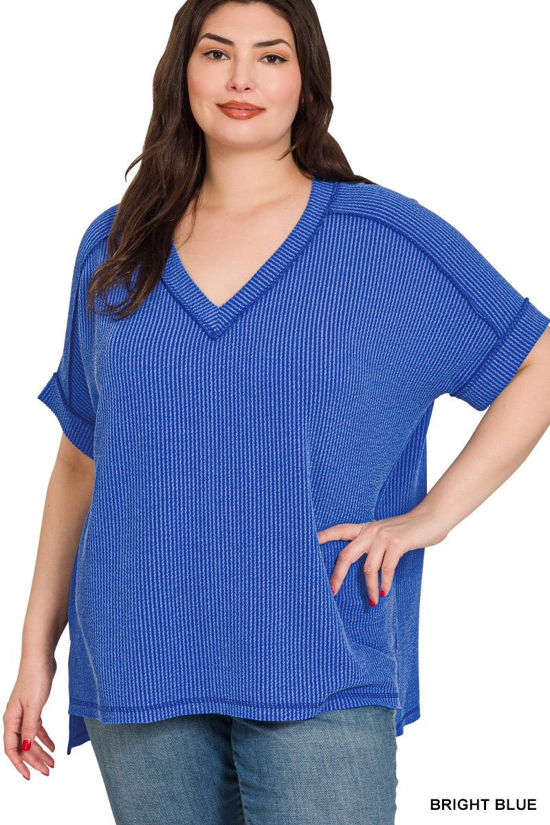 Plus Raised Rib Short Sleeve Hi - Low V Neck Top - BLUE - Simply Pink Boutique