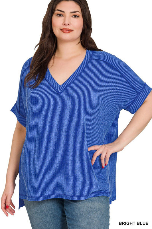 Plus Raised Rib Short Sleeve Hi - Low V Neck Top - BLUE - Simply Pink Boutique
