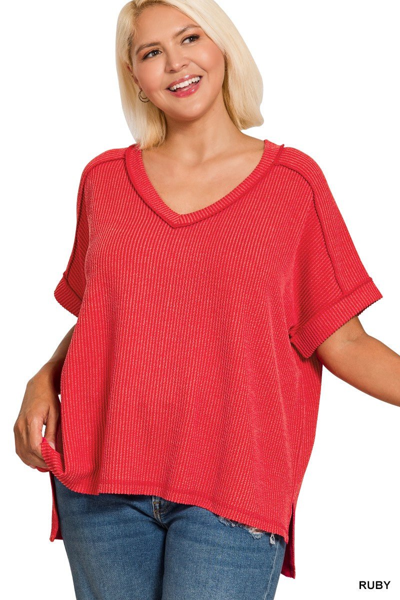 Plus Raised Rib Short Sleeve Hi - Low V neck top RED - Simply Pink Boutique