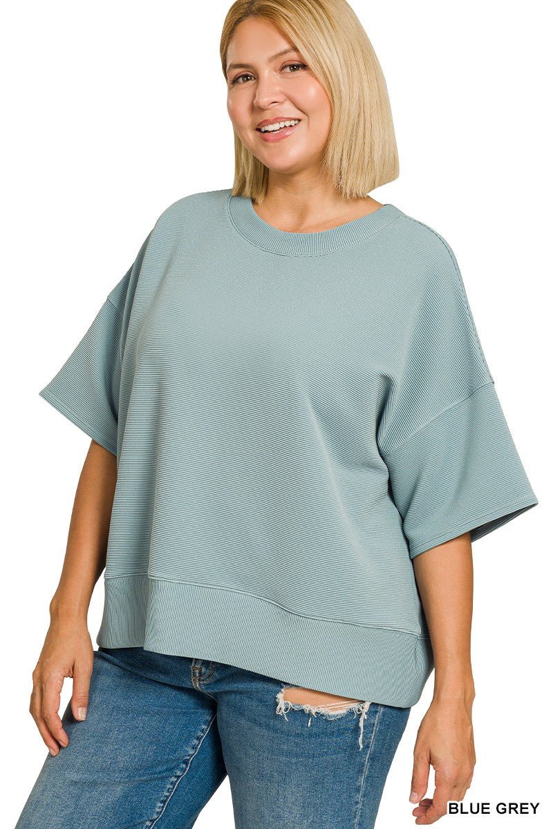 Plus Ribbed Round Neck Top - Blue Grey - Simply Pink Boutique