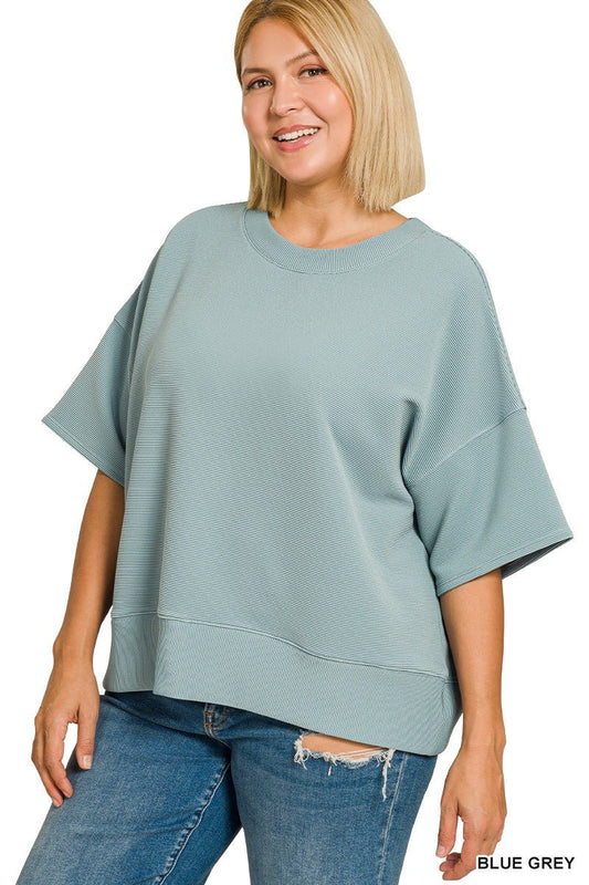 Plus Ribbed Round Neck Top - Blue Grey - Simply Pink Boutique