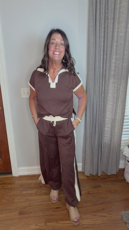 Brown Contrast Stripe Short Sleeve Top with Pants Set