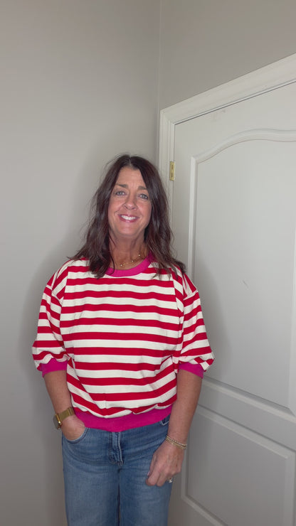 Stripe Bubble Sleeve Top-Red