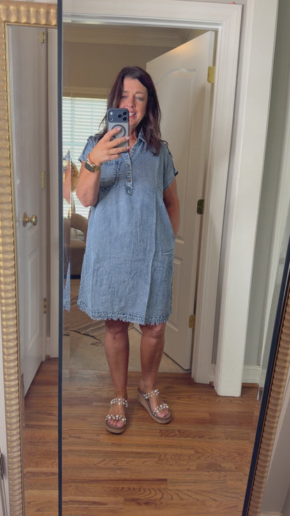 Frayed Short Sleeve Midi Shirt Dress-Dark