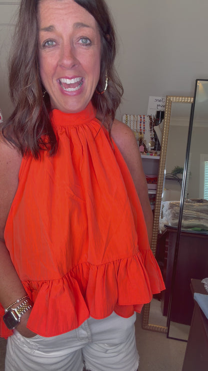Halter Neck Sleeveless Ruffle Tie-Back Top - Orange
