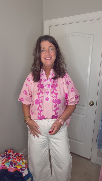 Pink Collared Puff Sleeve Embroidery Print Top