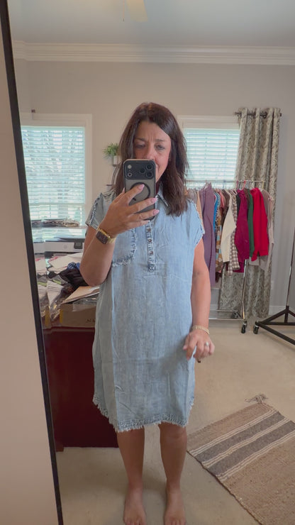 Frayed Short Sleeve Midi Shirt Dress-Light