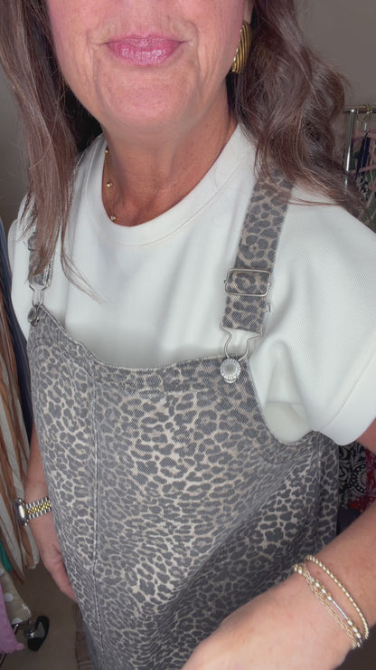 Leopard Denim Mini Overall Dress