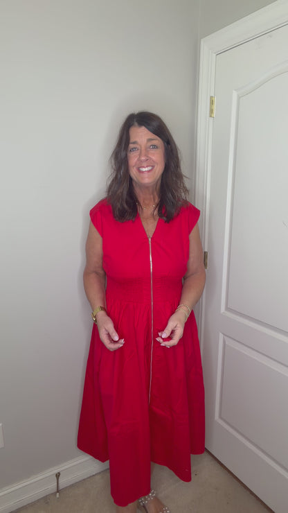 Red Drop Shoulder Smocked Waist Midi Dress