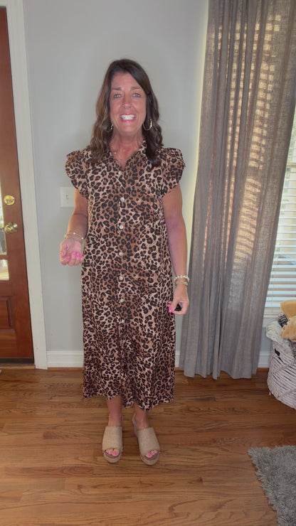 Animal Print Puff Sleeve Midi Dress