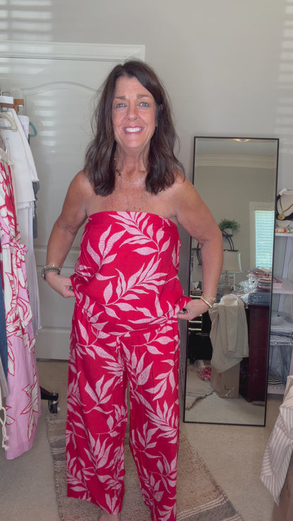 Printed Strapless Pants Set – Red