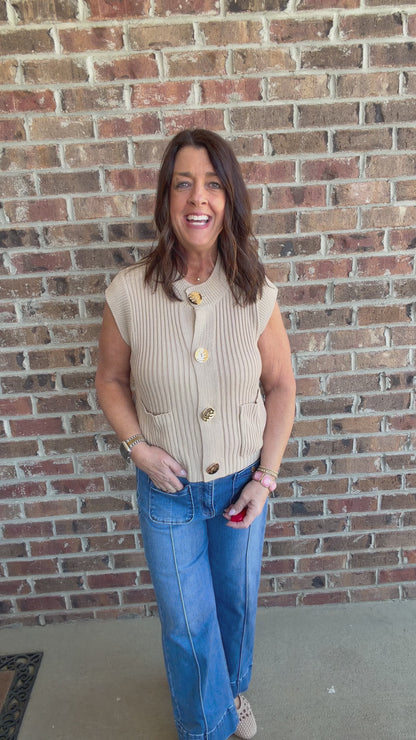Button Detail Knit Vest-Taupe