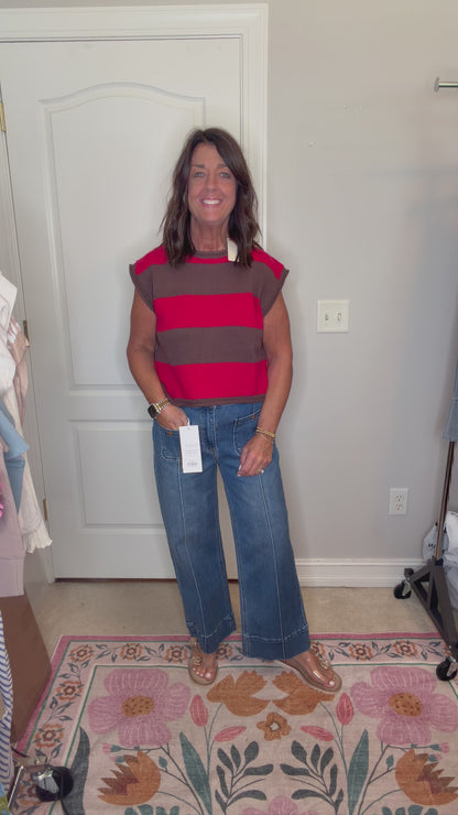 Red & Brown Sleeveless Sweater Top