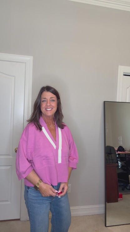Pink Collar with Contrast Trim Sweater