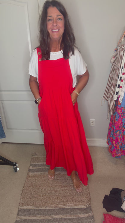 Tiered Button Midi Dress Poppy Red