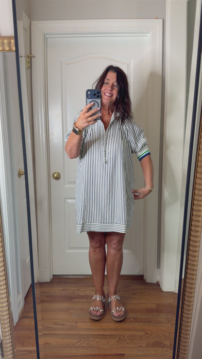 Blue Stripe 1/2 Sleeve Mini Dress