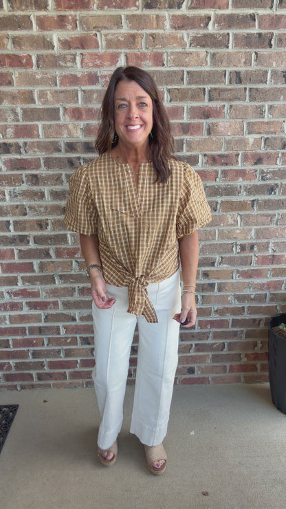 Plaid Tie Front Button Blouse-Soft Camel