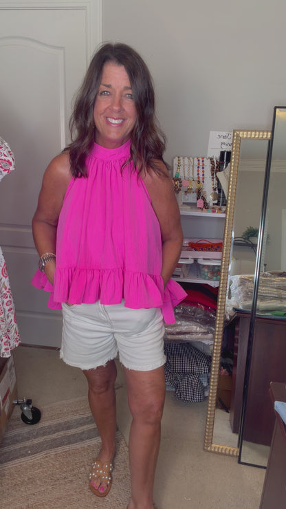 Halter Neck Sleeveless Ruffle Tie-Back Top - Pink