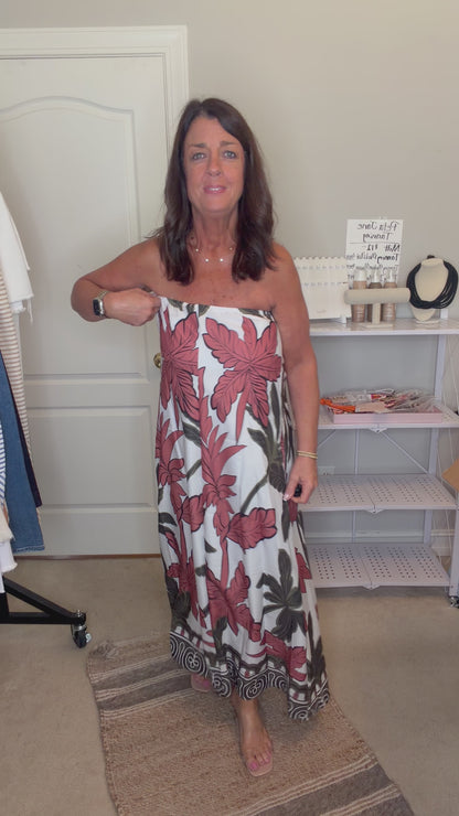 Tropical Print Strapless Maxi Dress